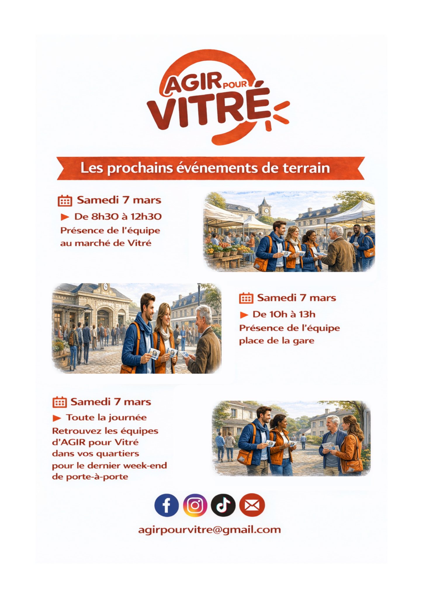 les membres de l’équipe Agir pour Vitré sillonnent les quartiers de la ville pour aller à la rencontre des Vitréennes et des Vitréens.